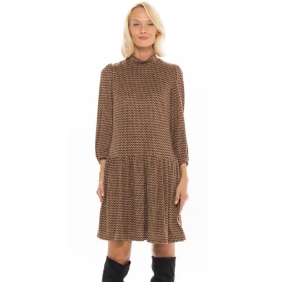 52Seven Hacci Brown Houndstooth Tweed  Ruffle Mockneck Long Sleeve Mini Dress XL